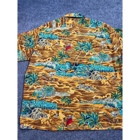 Vintage Waikiki 76 Mens Large Hawaiian Aloha Shirt Palm Trees Sail Boat Brown Lg - Picture 11 of 15